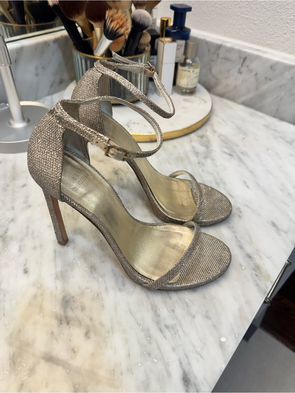 Stuart Weitzman Metallic Glitter Strappy Stiletto Sandals Size 38